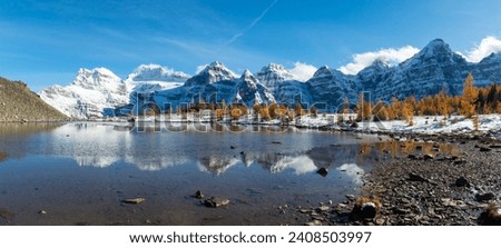 The Reflection in Minestima Lake, Larch Season in The Larch Valley, Fell in the Valley of Ten Peaks, Banff National Park, Canada Royalty-Free Stock Photo #2408503997