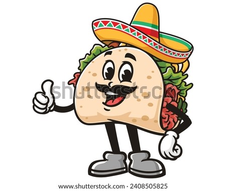 Taco with a Mexican hat sombrero cartoon mascot illustration character vector clip art hand drawn