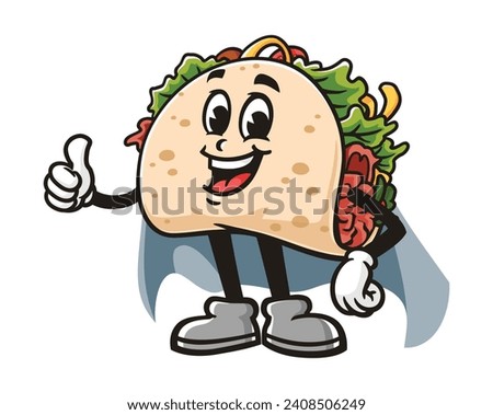 Taco with caped superhero style cartoon mascot illustration character vector clip art hand drawn