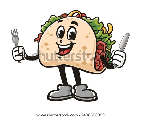 Taco with fork and knife cartoon mascot illustration character vector clip art hand drawn