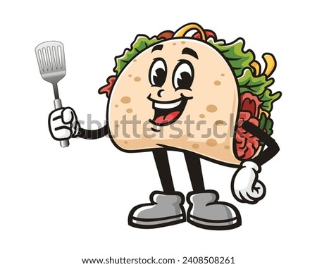 Taco with spatula cartoon mascot illustration character vector clip art hand drawn