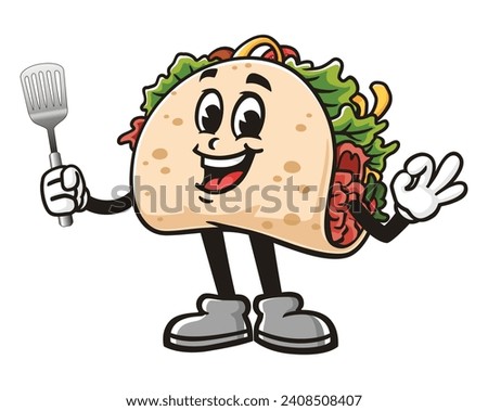 Taco with spatula and okay hand pose cartoon mascot illustration character vector clip art hand drawn