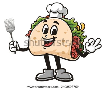Taco with a spatula and wearing a chef's hat cartoon mascot illustration character vector clip art hand drawn