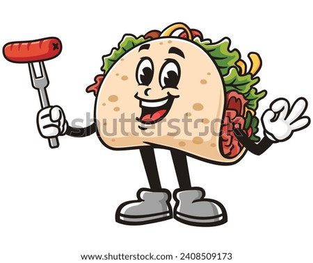 Taco with sausage cartoon mascot illustration character vector clip art hand drawn