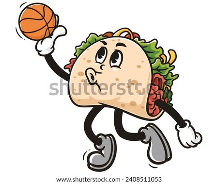 Taco playing slam dunk basketball cartoon mascot illustration character vector clip art hand drawn