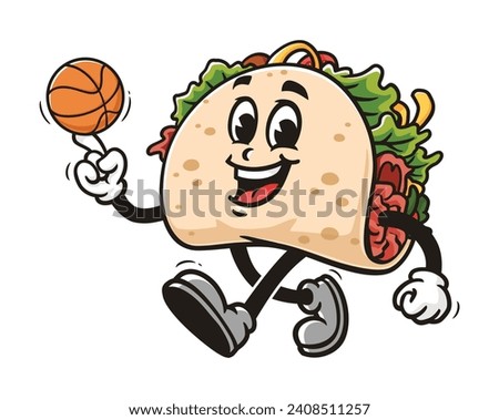 Taco playing basketball cartoon mascot illustration character vector clip art hand drawn
