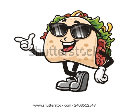 Taco with sunglasses cartoon mascot illustration character vector clip art hand drawn