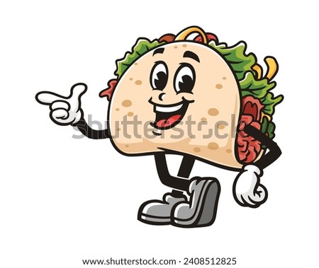 Taco with pointing hand and relax pose cartoon mascot illustration character vector clip art hand drawn