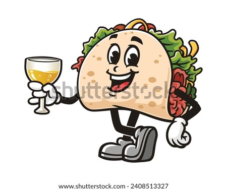 Taco with a glass of drink cartoon mascot illustration character vector clip art hand drawn