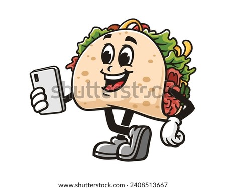 Taco with gadget cartoon mascot illustration character vector clip art hand drawn