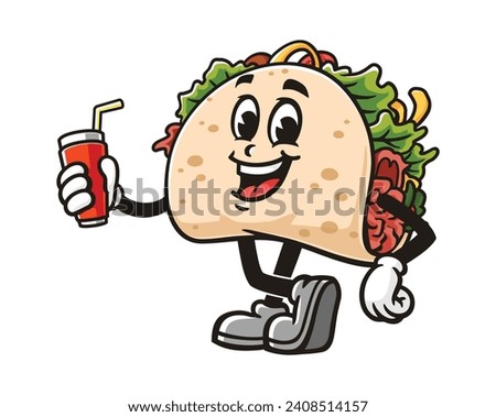 Taco with soft drink cartoon mascot illustration character vector clip art hand drawn