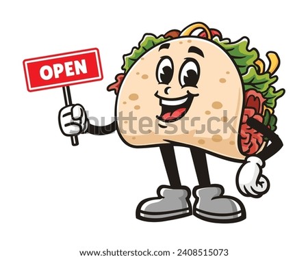 Taco with open sign board cartoon mascot illustration character vector clip art hand drawn