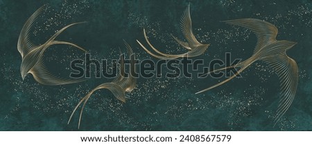 Abstract luxury art background with birds in golden art line style. Hand drawn vector banner for wallpaper design, print, textile, interior decor.	
