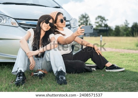 Young Asian woman traveler using a mobile. Journey trip lifestyle. travel concept