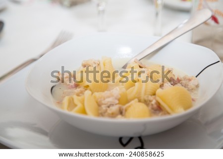 Galets soup with pieces of meat