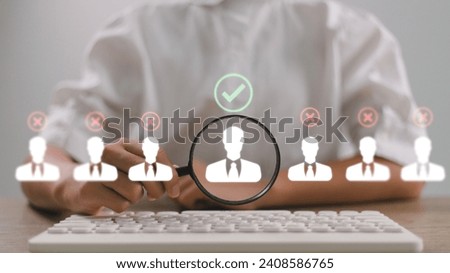 HRM or Human Resource Management, Manager choose to personnel icon which is among staff icons for human development recruitment leadership, customer target group concept. Recruit, employment, leader. Royalty-Free Stock Photo #2408586765