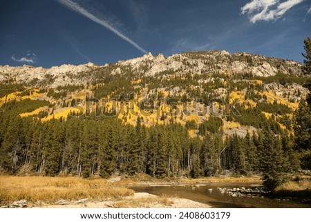 Lake Fork Creek in fall autumn in Beartooth Mountains, Montana Royalty-Free Stock Photo #2408603179