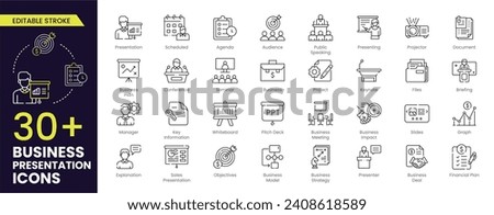 Business presentation editable stroke icons set. Presentation, business, seminar, Presenting, partnership, goals, meeting, Business Deal, whiteboard, conference and plan icons. Vector collection. Royalty-Free Stock Photo #2408618589