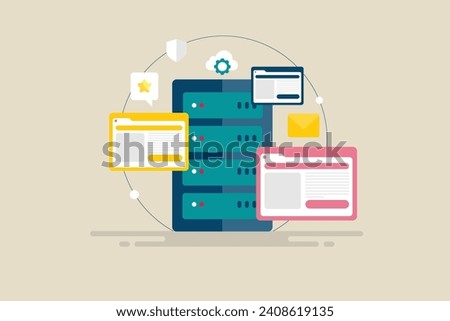 Shared hosting service, multiple website hosted in a single server, Web hosting service, Cloud hosting - vector illustration banner with icons Royalty-Free Stock Photo #2408619135