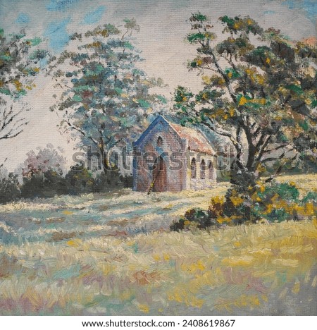 Original oil painting of a little church in the rural woods - impressionistic art of morning landscape with trees and tiny church on canvas