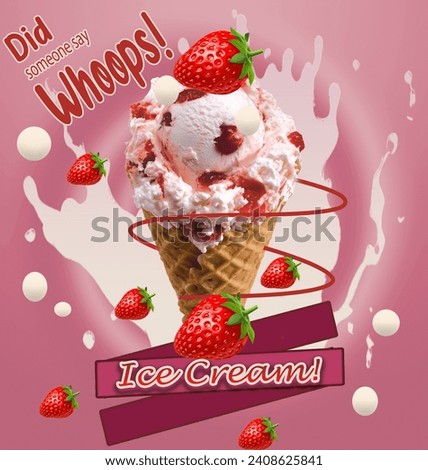 Strawberry ice-cream poster ice cream banner strawberry cone ice cream Coold icecream strawberry waffels