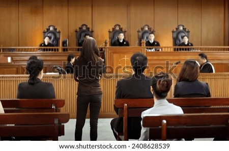 plaintiff or defendant talks to the judge in courtroom. The concept of legal adjustment Court of Justice and Legal Trial Speech to Judge Lawyer Lawyer Protects Client with Argument Royalty-Free Stock Photo #2408628539