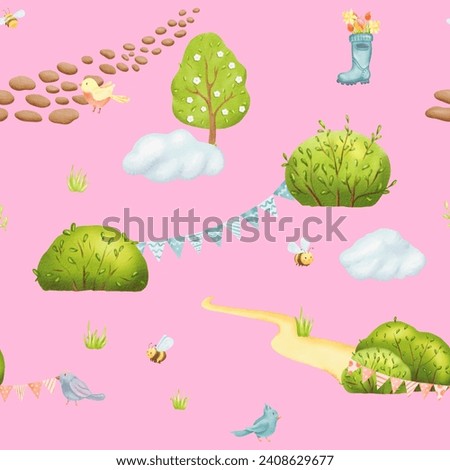 Seamless fairy pattern children's spring theme. Beautiful cartoon birds, naughty bees on the lawn in summer. Clouds, paths and birthday garlands. Fresh ornament for textiles, Pink background