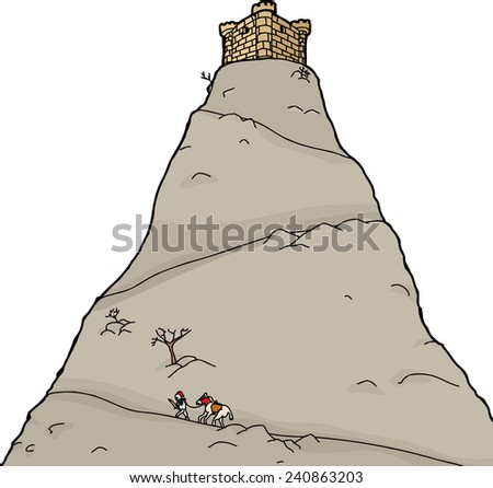 Knight going up isolated mountain toward castle