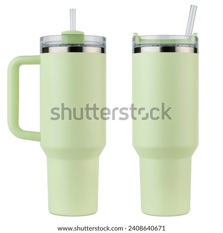 Tumbler. Reusable water bottle. Travel cup for drinking. Simple modern classic Insulated tumbler with straw and flip lid. Stainless Steel bottle. Thermos mug for iced coffee, tea. Isolated background Royalty-Free Stock Photo #2408640671