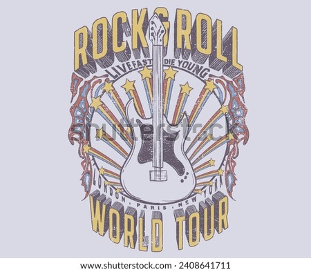 Guitar vector artwork for apparel, stickers, posters, background and others. Rock world tour artwork. Rock star vintage artwork. Star music poster design. Rock and roll vintage print design.