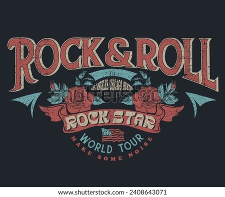 Rock world tour artwork. Rose flower music poster design. Rock and roll vintage print design. Music vector artwork for apparel, stickers, posters, background and others. make some noise. 
