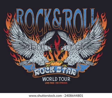 Eagle music poster design. Rock and roll vintage print design. Bird and fire vector artwork for apparel, stickers, posters, background and others. Rock world tour artwork. Rock star vintage artwork. Royalty-Free Stock Photo #2408644801