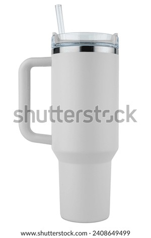 Tumbler. Reusable water bottle. Travel cup for drinking. Thermos mug for iced coffee, tea. Simple modern classic Insulated tumbler with straw and flip lid. Stainless Steel bottle. Isolated background Royalty-Free Stock Photo #2408649499