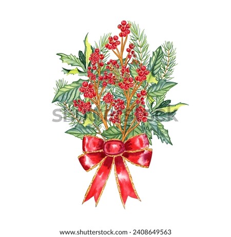 New Year's bouquet of holly sprigs with red berries and pine needles watercolor illustration. Hand drawn Christmas card of branches tied with a red bow.