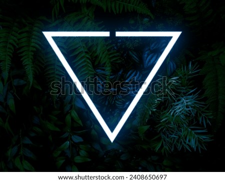 dark blue neon light and tropical leaves background and triangle shape