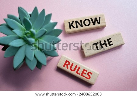 Know the rules symbol. Wooden blocks with words Know the rules. Businessman hand. Beautiful pink background with succulent plant. Business and Know the rules concept. Copy space.