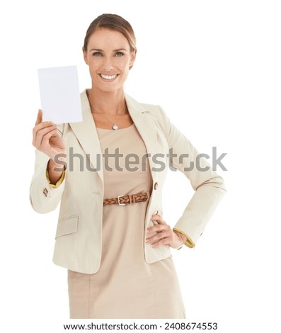 Card, portrait or businesswoman with poster mockup for a sale, promotion offer or logo advertising deal. Signage banner, plain bulletin board or person with blank space in studio on white background