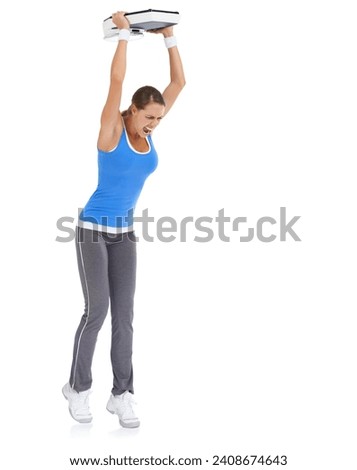 Angry woman, weight loss and throwing scale on ground isolated on a white studio background. Frustrated female person upset with body, disappointment or furious from diet or breakdown on mockup space Royalty-Free Stock Photo #2408674643