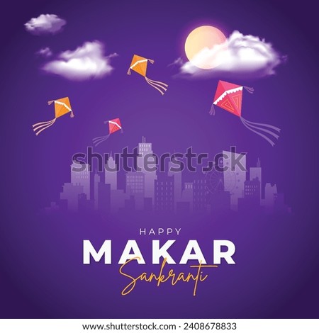 Happy Makar Sankranti Greeting Card and Social Media Post. Makar Sankranti Festival Background with Flying Kites and Building. Minimal Makar Sankranti Flyer Template Vector Illustration Royalty-Free Stock Photo #2408678833