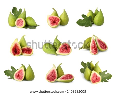 Fresh ripe green figs and leaves isolated on white, set