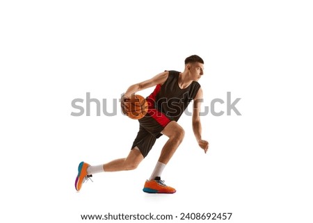 Young man, athlete in motion, basketball player during game, practicing isolated over white background. Concept of professional sport, competition, match, championship, health, action. Ad