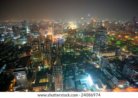 Wide angle Night view of Bangkok, Thailand.