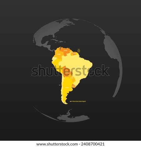 Political map of South America. Yellow colored land with country name labels on dark gray background. Ortographic projection. Vector illustration