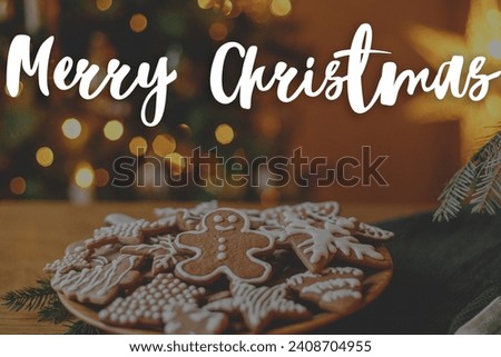 Merry Christmas text on gingerbread cookies with icing in plate against christmas golden lights. Happy Holidays! Season's greeting card. Handwritten sign