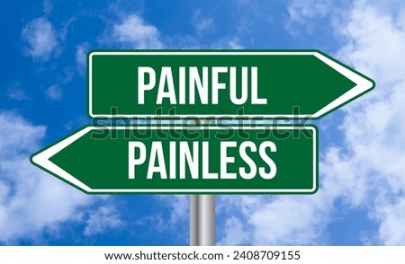 Painful or painless road sign on cloudy sky background Royalty-Free Stock Photo #2408709155
