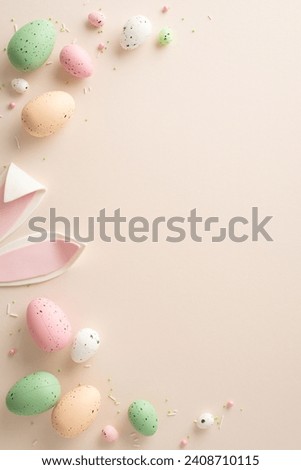 Embrace festive spirit of Easter with this delightful arrangement. Vertical top-view of colorful eggs, whimsical bunny ears and sprinkles on pastel beige canvas—ready for your custom text or promotion