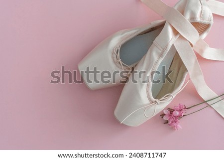classical and contemporary dance shoes in pink satin on pink background with a small bouquet of flowers on the side