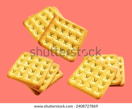 Square crackers isolated or biscuits, butter cookies with clipping path, no shadow in pink background