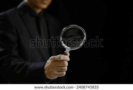 Man use magnifying glass. Businessman search for top sale seo, digital data information. Human Resource Management HRM concept. Inspector find team target. Leadership discover recruitment analysis. 