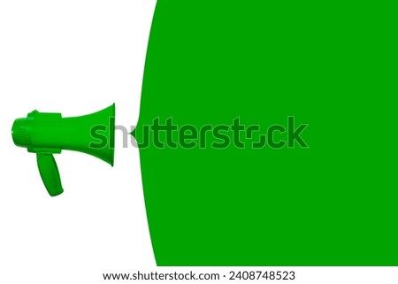 Loudhailer or megaphone with speech bubble and empty copy space template. Announcement, advertising, public hearing concept. Mockup design with loudspeaker, background with blank space Royalty-Free Stock Photo #2408748523